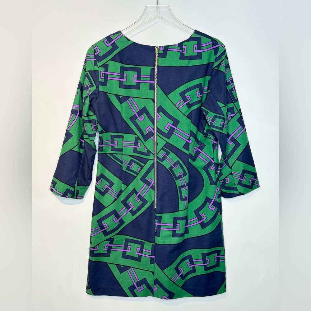 Elizabeth McKay London Chain Green Navy Blue Purple Cotton Blend Shift Dress - Picture 2 of 11